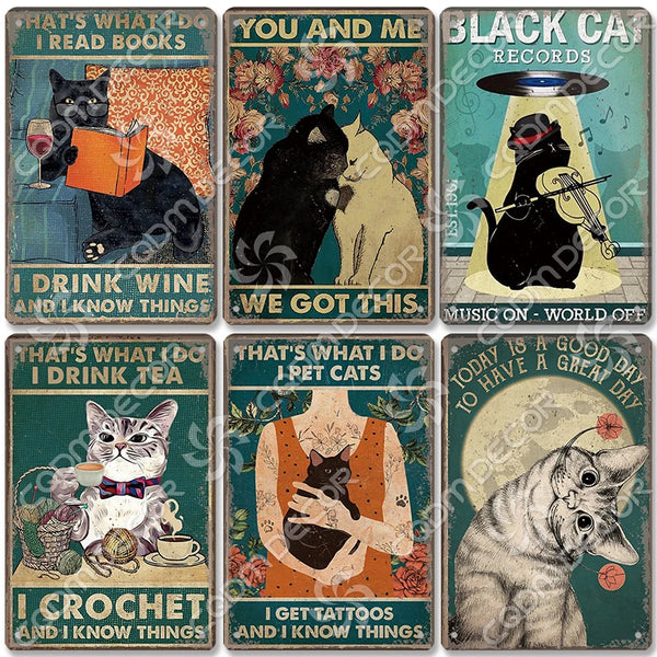 Black Cat Vintage Metal Tin Sign - "Read Books Drink Wine"