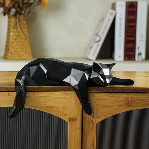 White Black Cat Geometric Sculpture - Modern Room Decor