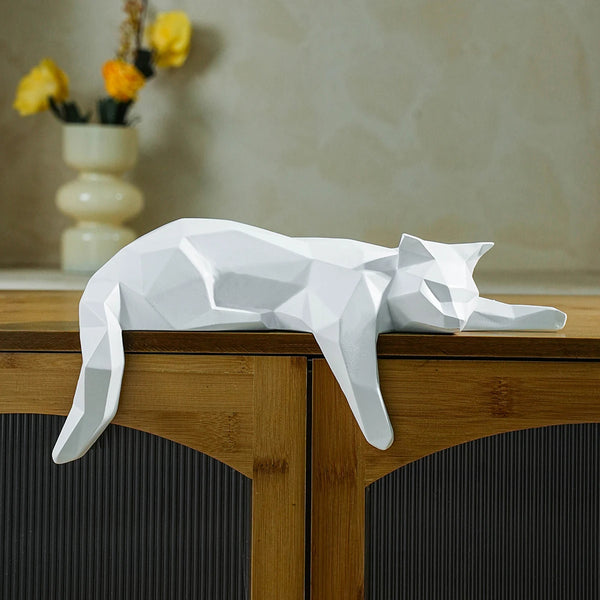 White Black Cat Geometric Sculpture - Modern Room Decor