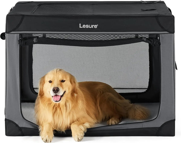Soft Collapsible Dog Crate - 42" Portable Travel Crate for XL Dogs, 4-Door Foldable